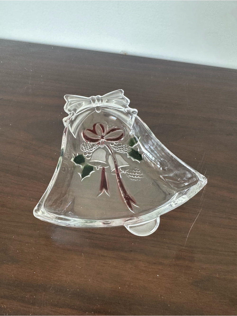 Mikasa Clear Glass Bell Dish with Red Ribbon and Green Holly Accents